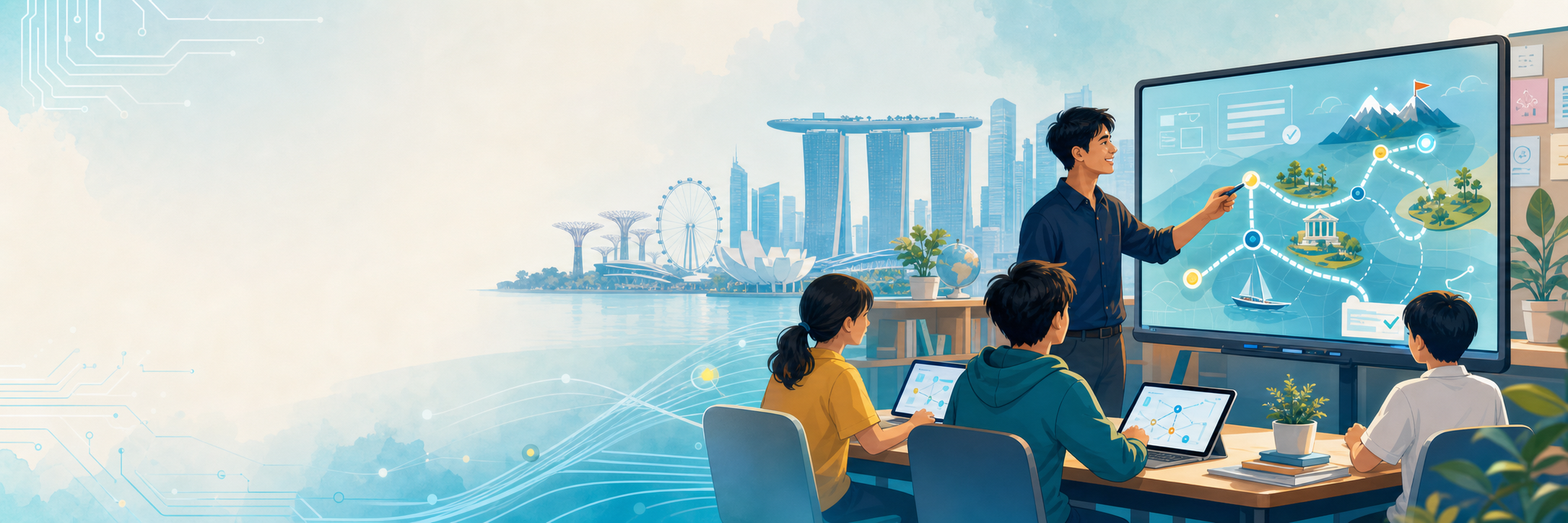 A classroom scene with Singapore in the background and a teacher using a connected lesson map.